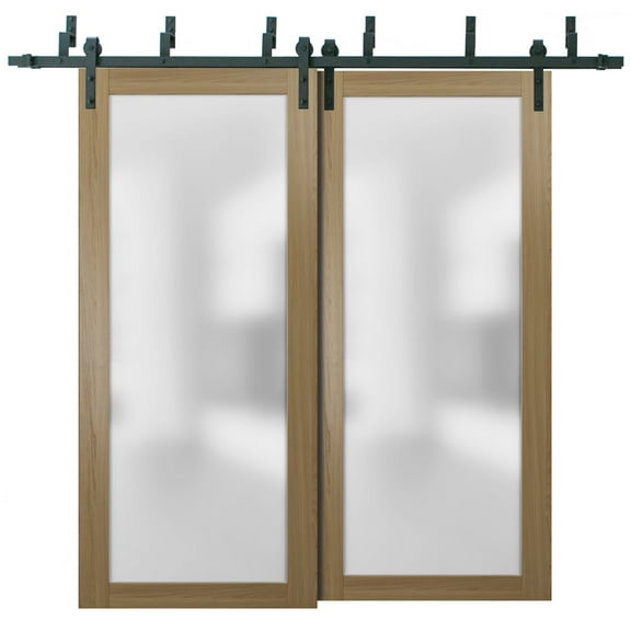 Sliding Closet Frosted Glass Barn Bypass Doors with Hardware | Planum 2102 Honey Ash | Sturdy 6.6ft Rails Hardware Set | Modern Wood Solid Bedroom Wardrobe Doors -36" x 96" (2* 18x96)