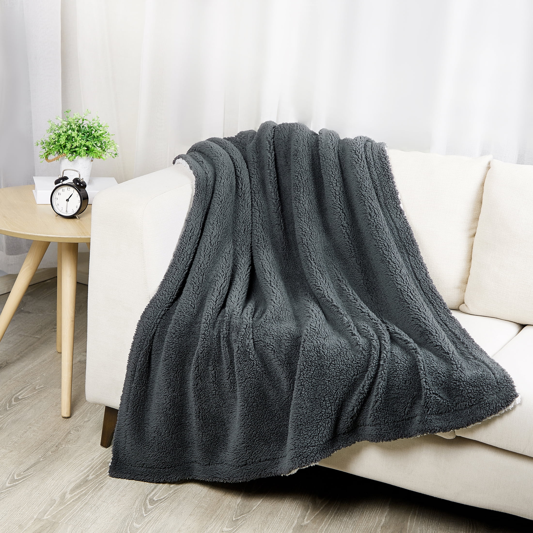 SoftLux Reversible 2 Tone Sherpa Dual Layer Throw Blanket 50 x 60 Recycled Polyester Dark Gray and Light Gray