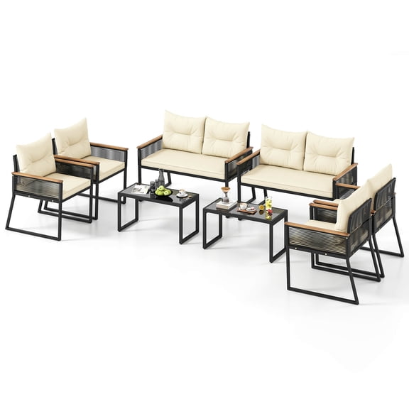 Gymax Set Of 8 Patio Furniture Set w/Tempered Glass Coffee Table PE Wicker Rattan Chairs