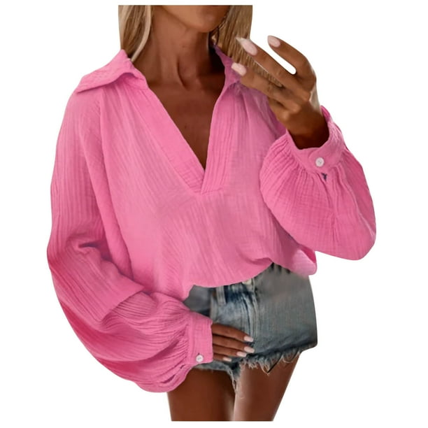 Moda Mujer Camiseta de manga larga Cuello en V Jersey Blusa sólida Tops con botones Fridja czfsfas5580