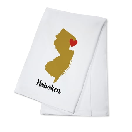 

Hoboken New Jersey State Outline and Heart (Gold and Red) (100% Cotton Tea Towel Decorative Hand Towel Kitchen and Home)