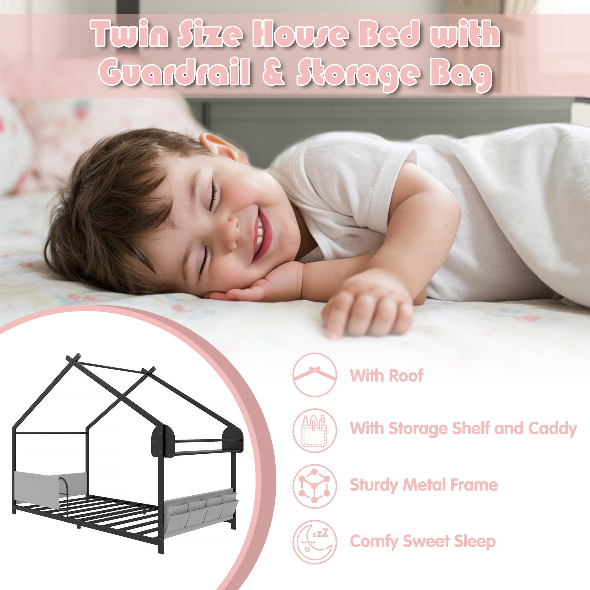Yoneston Twin Size House Floor Bed with Storage Caddy and Shelf for Kids, Sturdy Metal Bed Frame with Guardrail for Toddlers, Boys and Girls - Black