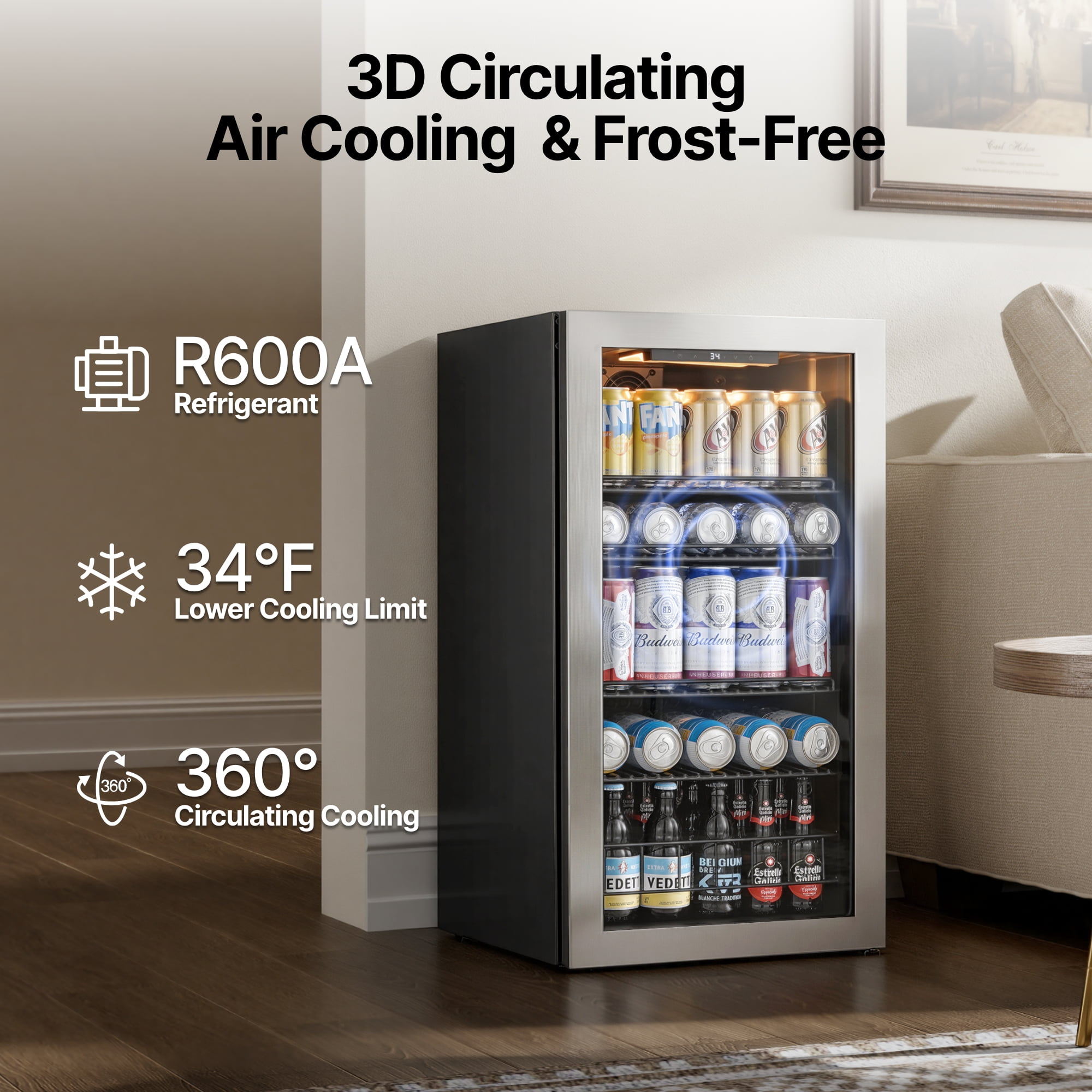 Ca'Lefort Beverage Refrigerator Cooler,95-121 Can Freestanding Beverage Fridge,with Glass Door for Home/Bar/Office
