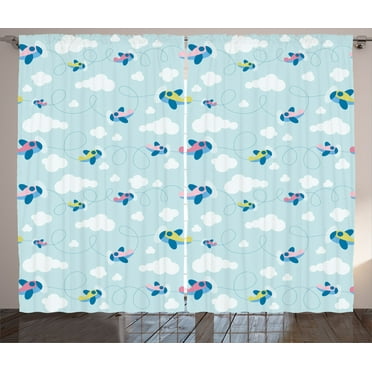 Ambesonne Plane Curtains 2 Panel Set, Cartoon Sky Planes Clouds, 108" x 90", Pale Blue White Pink