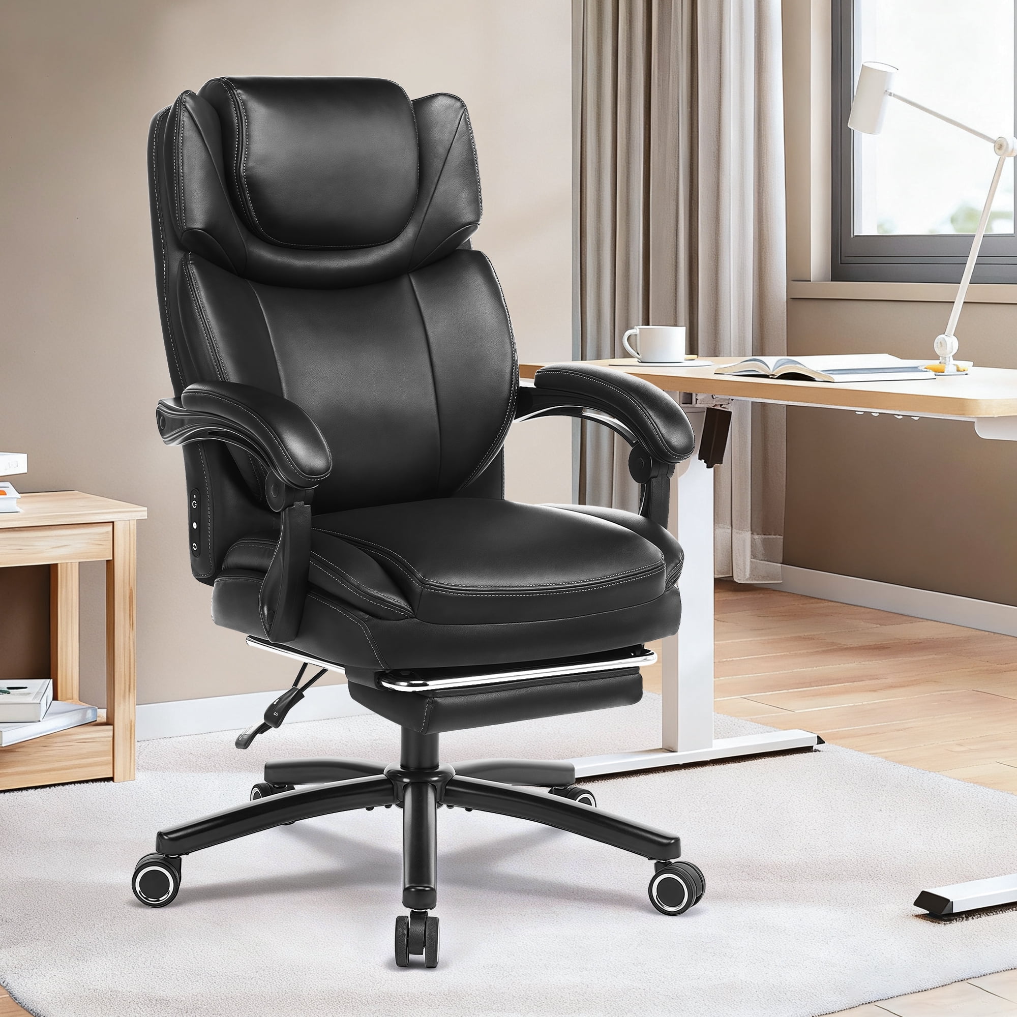 EOP 500LBS Big and Tall Office Chair with Footrest, Rocking Heated Massage High Back Computer Chair, 3D Linkage Armrests Desk Chair with Lumbar Pillow, Class-3 Gas Lift, Black