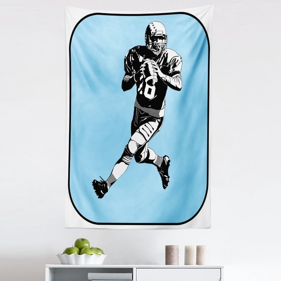 Sports Tapestry, American Football League Game Rugby Player Run Original Retro Illustration, Fabric Wall Hanging Decor for Bedroom Living Room Dorm, 5 Sizes, Blue Black White, by Ambesonne
