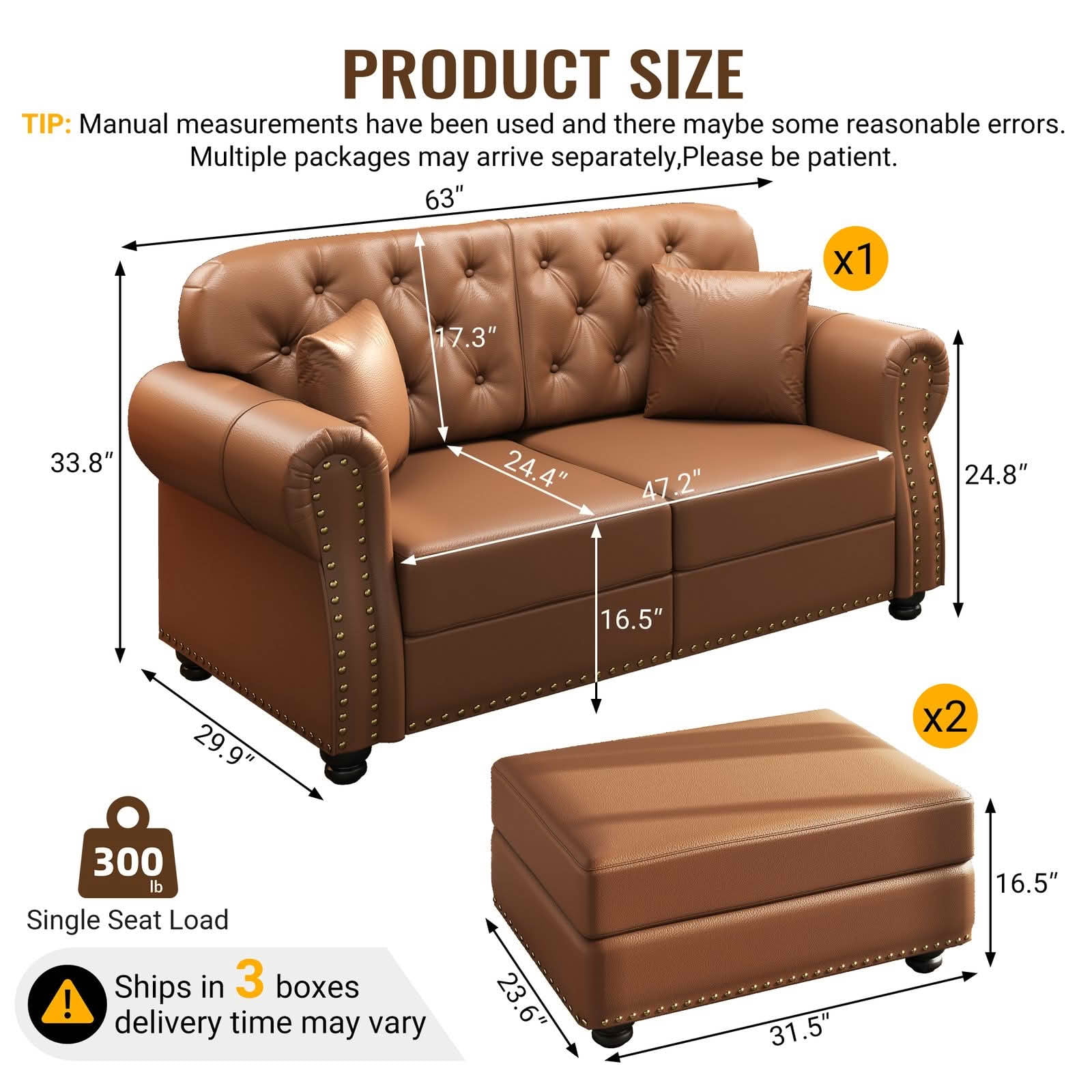 MAYEERTY 63" Upholstered Faux Leather Loveseat Sofa with 2 Ottomans, Mid‑Century Modern Chesterfield Couch with Button Tufted, Nailhead Trim & Rolled Armrests, Includes 2 Pillows