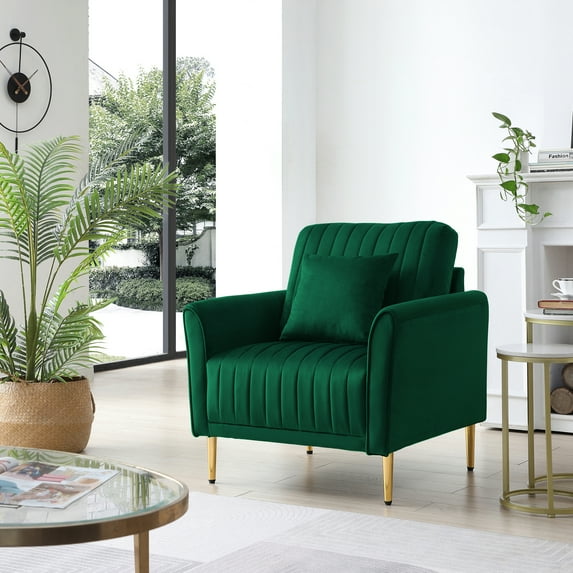 Accent Chair, Channel Tufted Velvet Couch with Metal Legs, Single Sofa Chair, Living Room Armchair with Thicken Seat Cushion and Backrest, Easy Assembly, Green