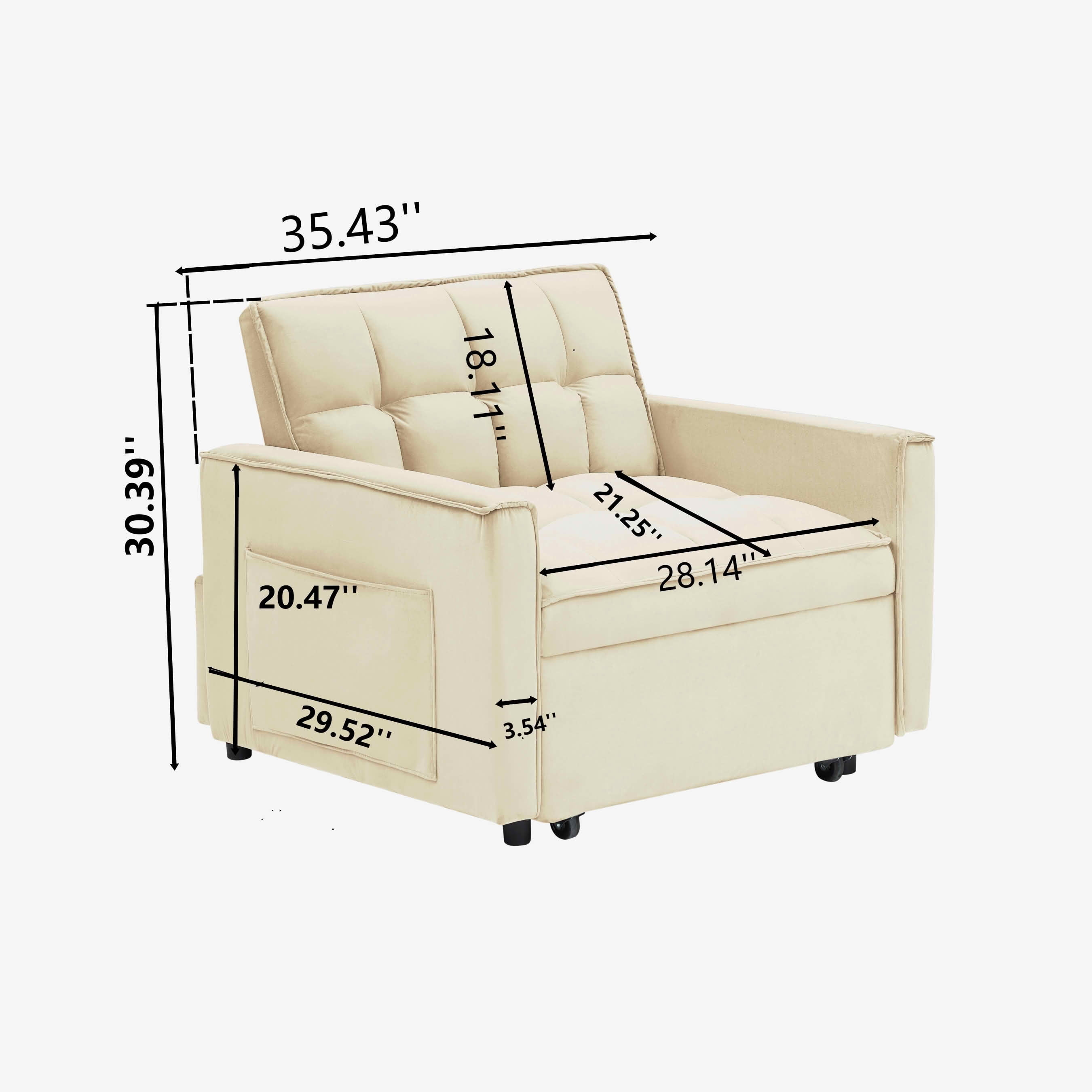 MAYEERTY White Velvet 3-in-1 Convertible Single Sofa Bed Chair, Multi-Angle Adjustable Back Recliner with Rolled Arms for Small Spaces