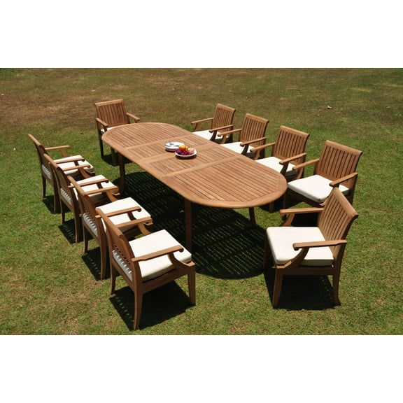 Grade-A Teak Dining Set: 10 Seater 11 Pc: 118" Double Extension Oval Table And 10 Lagos Arm Chairs Outdoor Patio WholesaleTeak #WMLGt