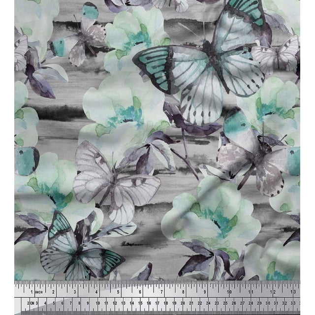 Soimoi Tissu Georgette Vert Moss Rayé, Floral & Butterfly Imprimé Couture BTY 42 Pouces de Large
