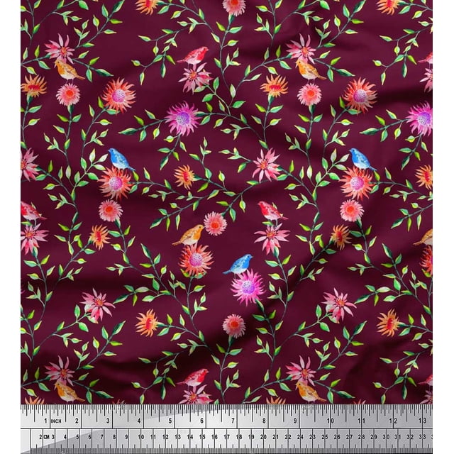 Soimoi Rayon Fabric Leaves & Floral Print Fabric by Yard 56 Inch Wide