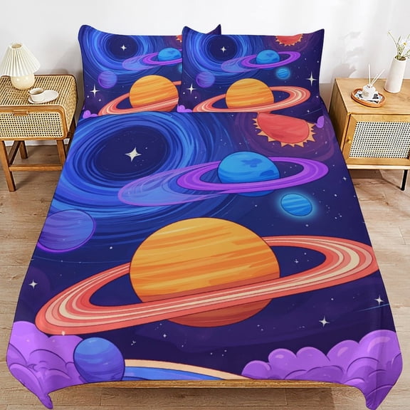 Cosmic Planet Rings-1 Duvet Cover 3pcs Set Themed Multicolor Polyester Bedding Set for Bedroom Decoration Twin