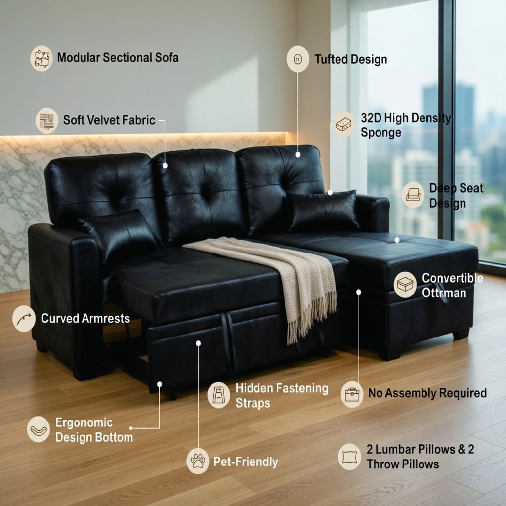 Hommoo L-Shaped Sleeper Sectional Sofa with Pull-Out Bed, Reversible Chaise & Hidden Storage, Contemporary Convertible Living Room Furniture for Small Spaces, Black