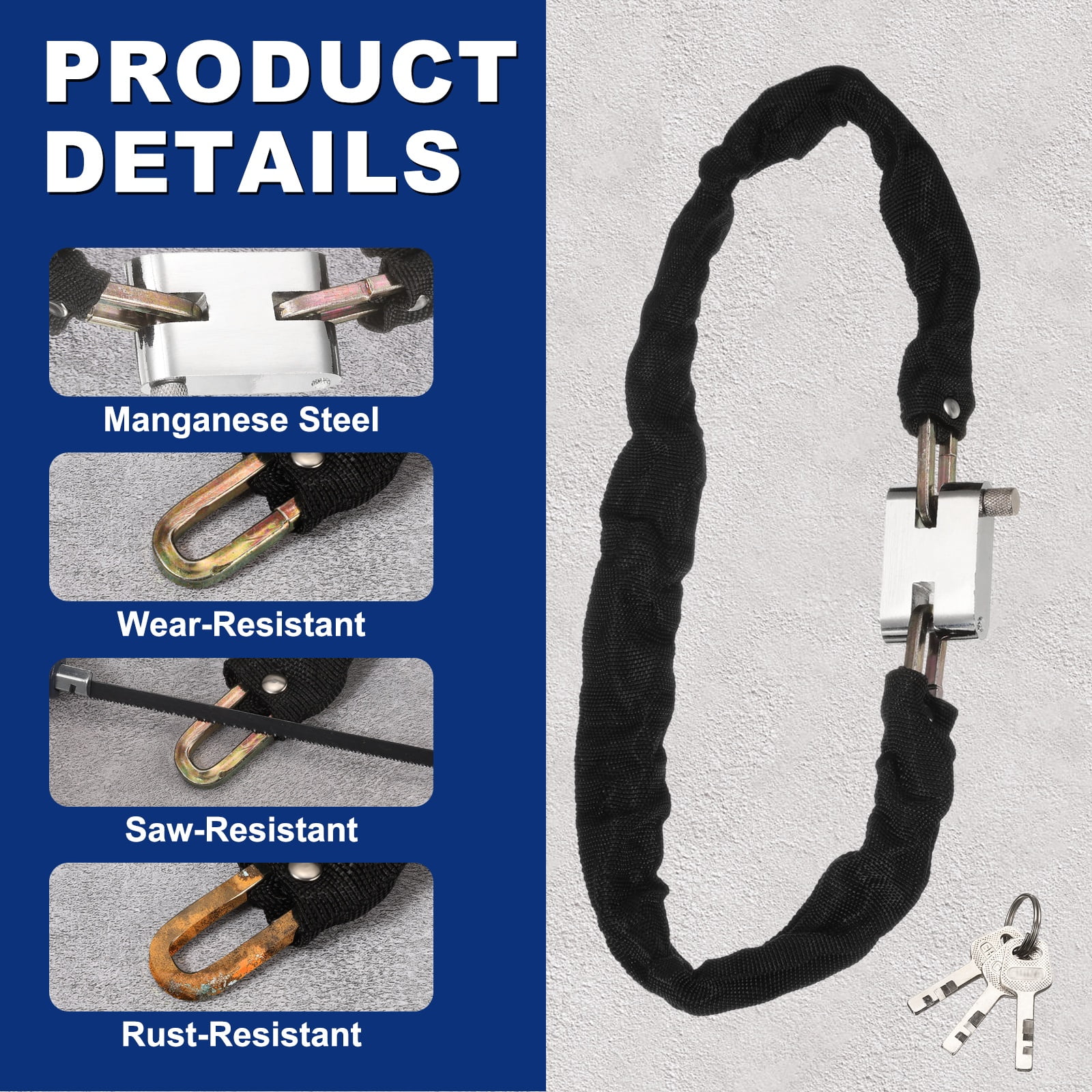 Uxcell Chain Lock, (9.8ft x 11/16", Silver) (1 Pcs), Thick Manganese Steel Anti-Theft Bike Chain Lock with 3 Keys, Suit for - Bikes/Trailers/Motorcycles/Garage Security