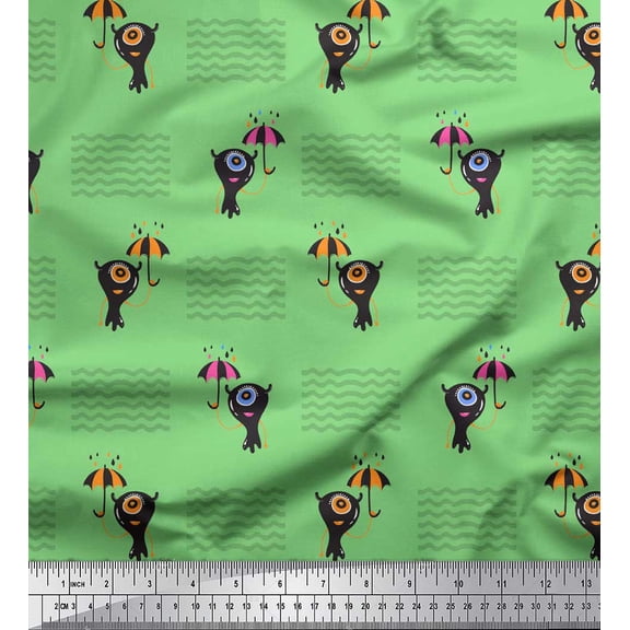 Soimoi Green Cotton Voile Fabric Waves,Umbrella & Monster Cartoon Print Fabric by the Yard 42 Inch Wide