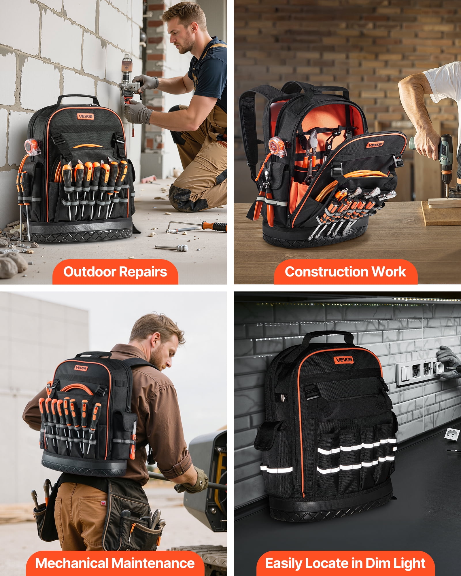 VEVOR Tool Backpack, 64 Pockets, Heavy-duty Tools Storage Organizer Work Bags with Laptop Compartment & Molded Base, Electrician Jobsite Backpack for Electrician, Repairman, and HVAC Techs
