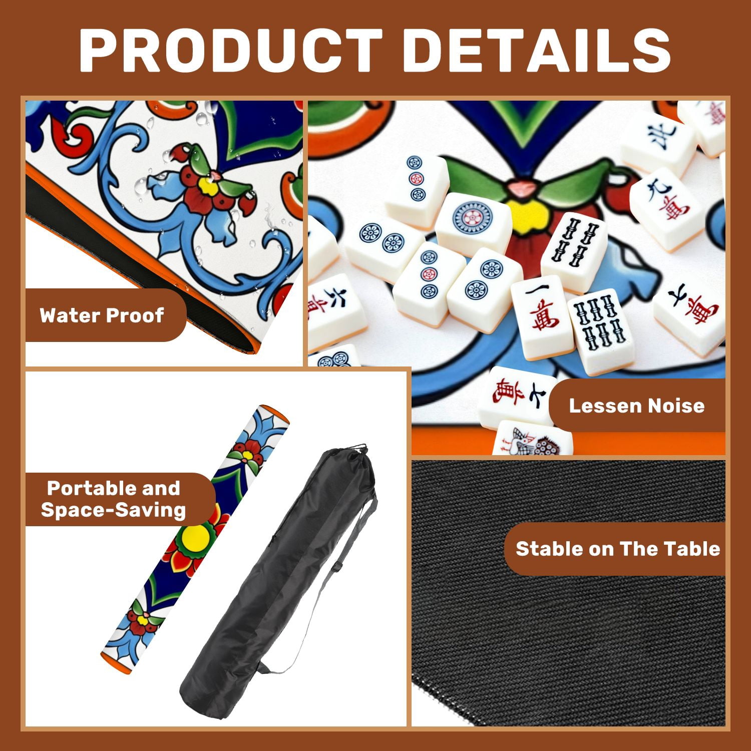 Mahjong Mat 31.5" x 31.5" Floral Geometric Tile Vibrant Colors Symmetrical Design Non-Slip Noise Reduction American Mahjong Tiles Table Cover for Dominoes Poker Card Board Games Gift