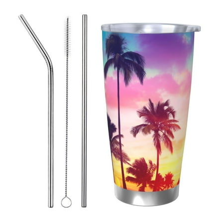 

KLL Tropical Palm Tree at Sunset Print 40oz Stainless Steel Insulated Car Cup with Spillproof Lid - Keep Your Drink Hot or Cold on the Go-Straw Three-piece Set