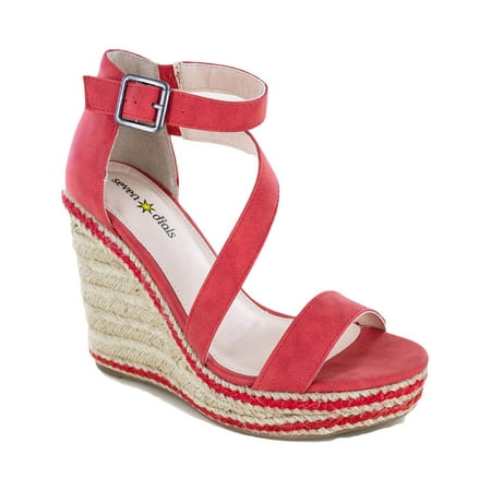 

SEVEN DIALS Womens Red 1/2 Platform Adjustable Ankle Strap Berlina Round Toe Wedge Buckle Dress Espadrille Shoes 8.5 M