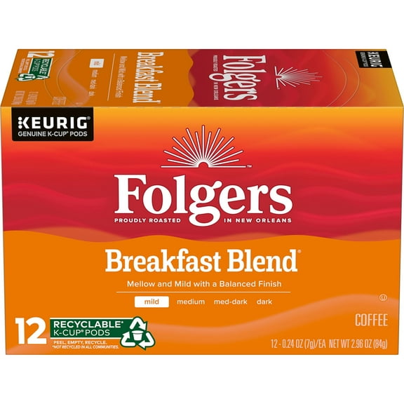 Folgers Breakfast Blend Keurig K-Cup Pods, Mild Roast Coffee, 12 Count