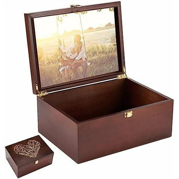 Larger Wooden Memory Keepsake Boxes With Hinged Lids and a photo frame inside the lid - Decorative Storage Box With a Hinge Lids For Picture Letter Time Capsule - Wooden Gift Boxes，5.3“*8.6”*11.7“