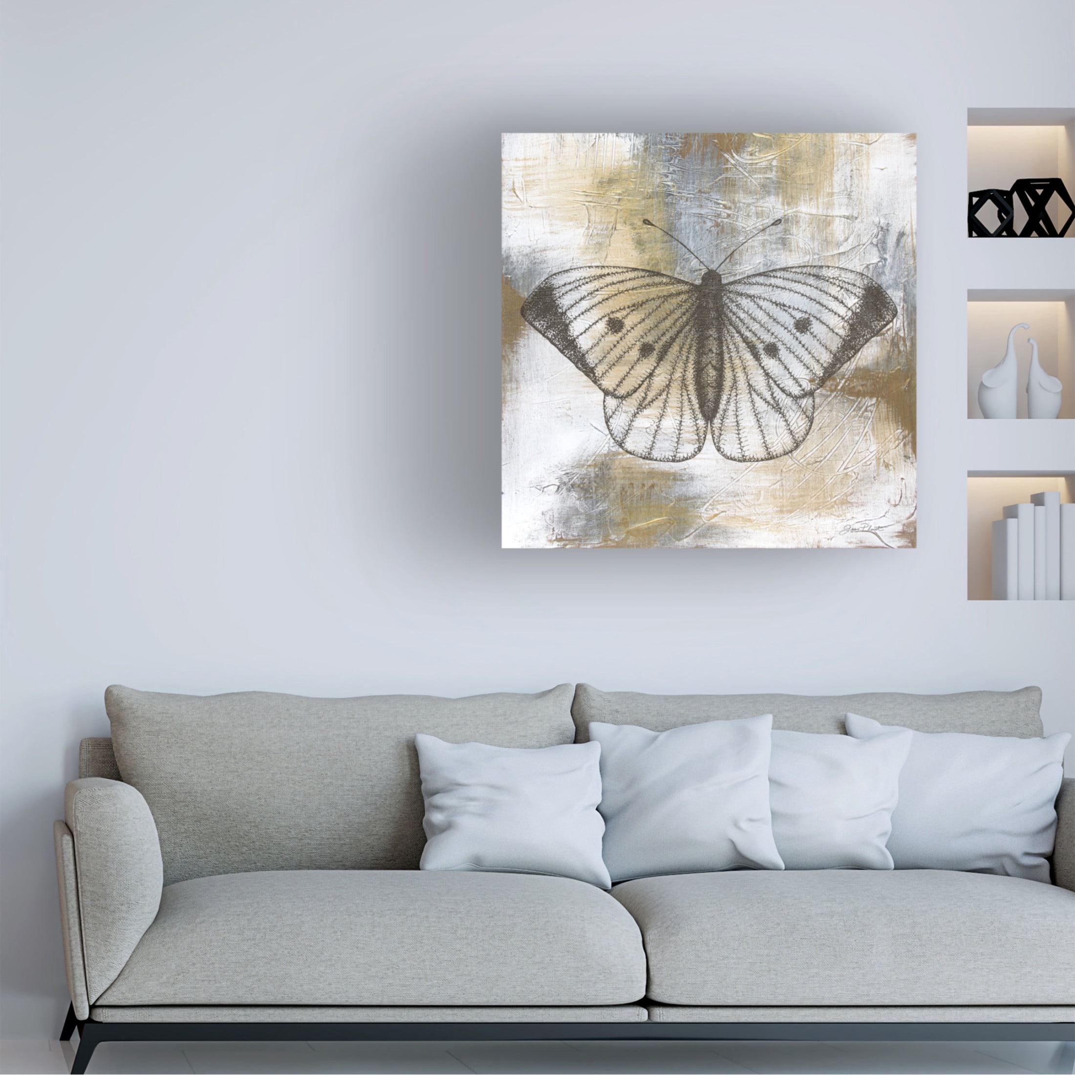 Canvas Wall Art - Jean Plout 'Gold And Grey Textures Butterfly A2' Wall Art for Living Room, Bedroom, or Office Décor by Trademark Fine Art - 14 x 14 Inches