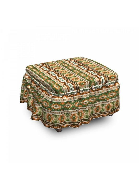 Tribal Ottoman Cover, Aztec Mayan Style Stripe, 2 Piece Slipcover Set with Ruffle Skirt for Square Round Cube Footstool Decorative Home Accent, Standard Size, Green Brown Amber, by Ambesonne