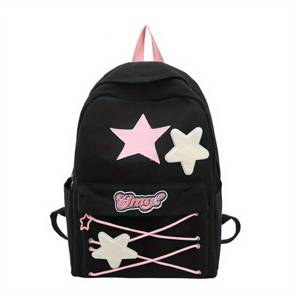 Fashion Preppy Style Backpack, Y2K Plush Star Patch Schoolbag, Large Capacity Nylon Travel Laptop Daypack