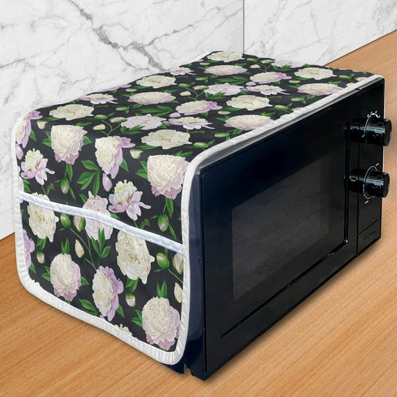 Peonies Microwave Oven Cover, Vintage Style Blooming Spring Flowers Pattern, Water Resistant Organizer with Pockets for Kitchen, 36" x 12", Dark Grey Green, by Ambesonne