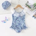 thumbnail image 5 of SOFTCCLO Girls Swimsuit French Floral Stylish One-piece Swimsuits with Ruffle Trim Bathing Cap Casual Kids Swimwear Size 5-6Y, 5 of 6