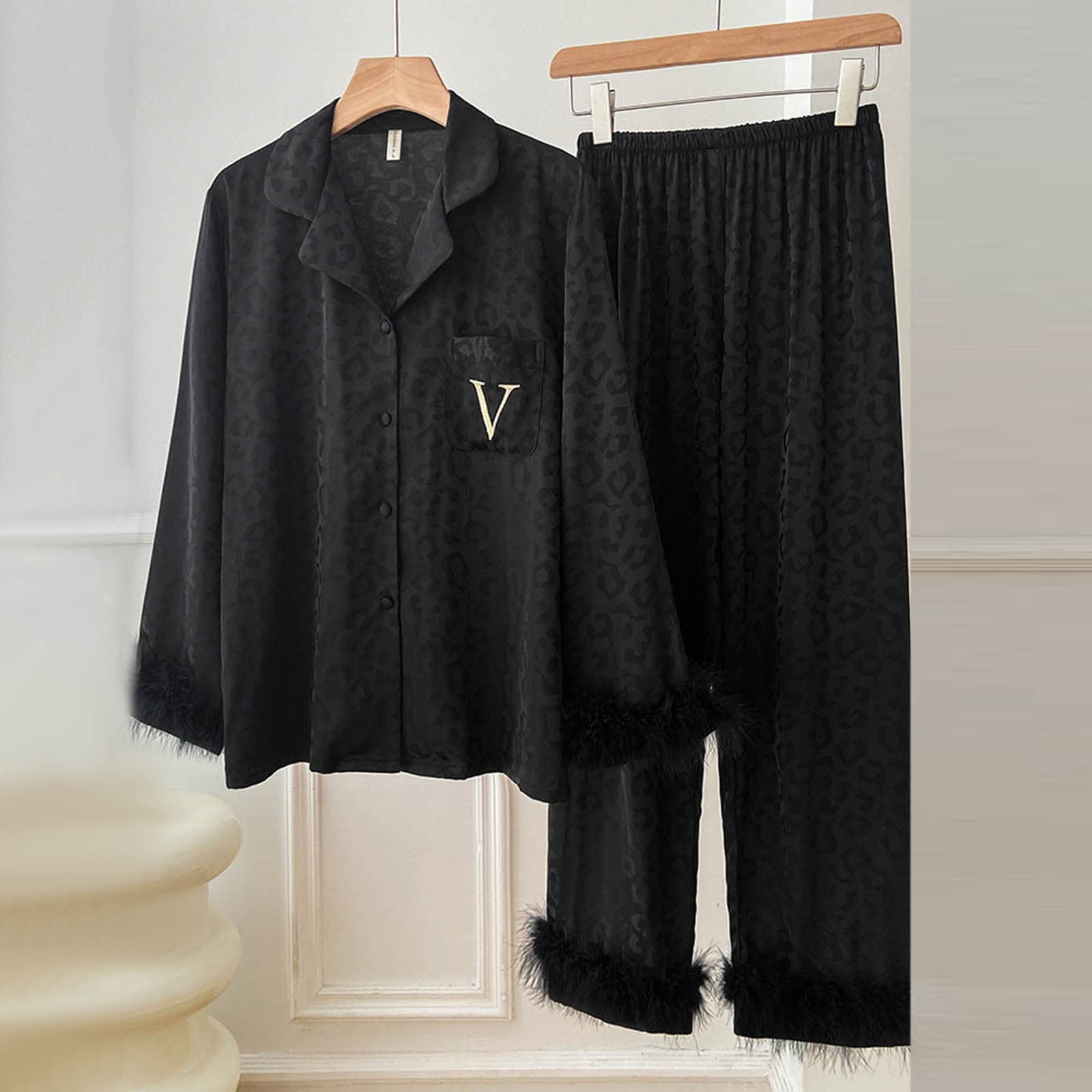 Fvwitlyh Heart Pajamas Ladies Feathers Long Sleeve Button Lapel Ice Silk Pajamas Home Wear Two Piece Suit Black M Walmart