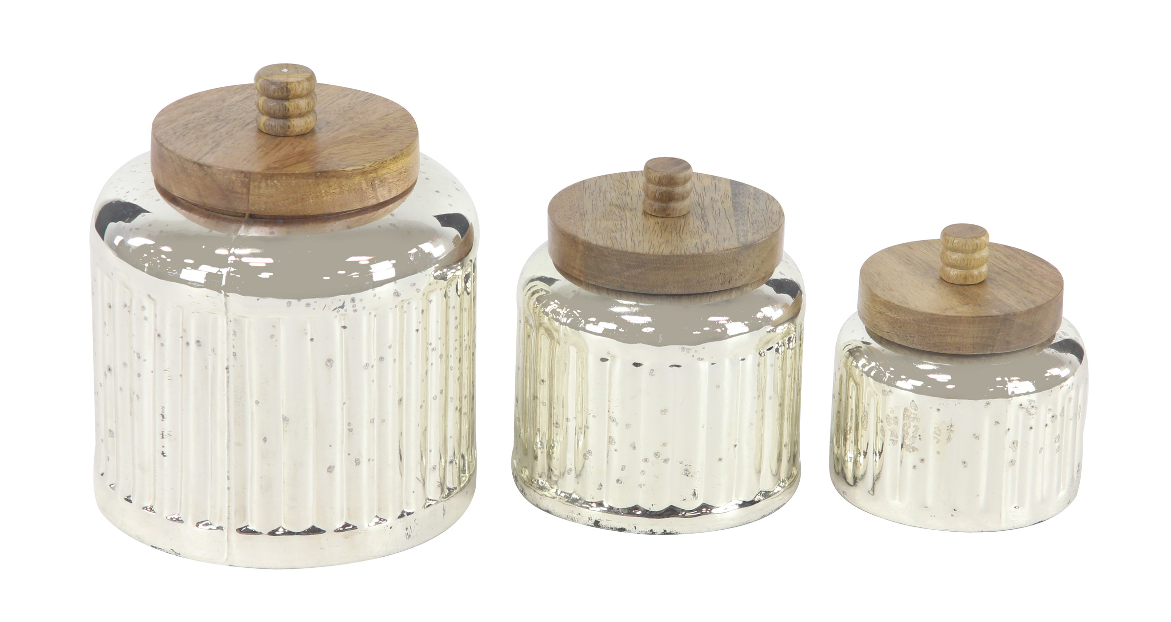 Rustic 5, 7 And 9 Inch Antique Silver Glass Jars With Wooden Lids Set