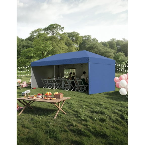 10'x 20' Pop Up Canopy Tent, Waterproof Outdoor Party Portable Instant Commercial Event Gazebo With 4Pcs Sidewalls, 12 Stakes & 6 Sandbags for Backyard Wedding Party, Event, Blue