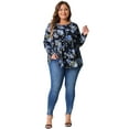 thumbnail image 3 of DARING DIVA Women's Plus Size Floral Long Sleeve Pleated Crew Neck Blouse 1X Dark Blue, 3 of 6