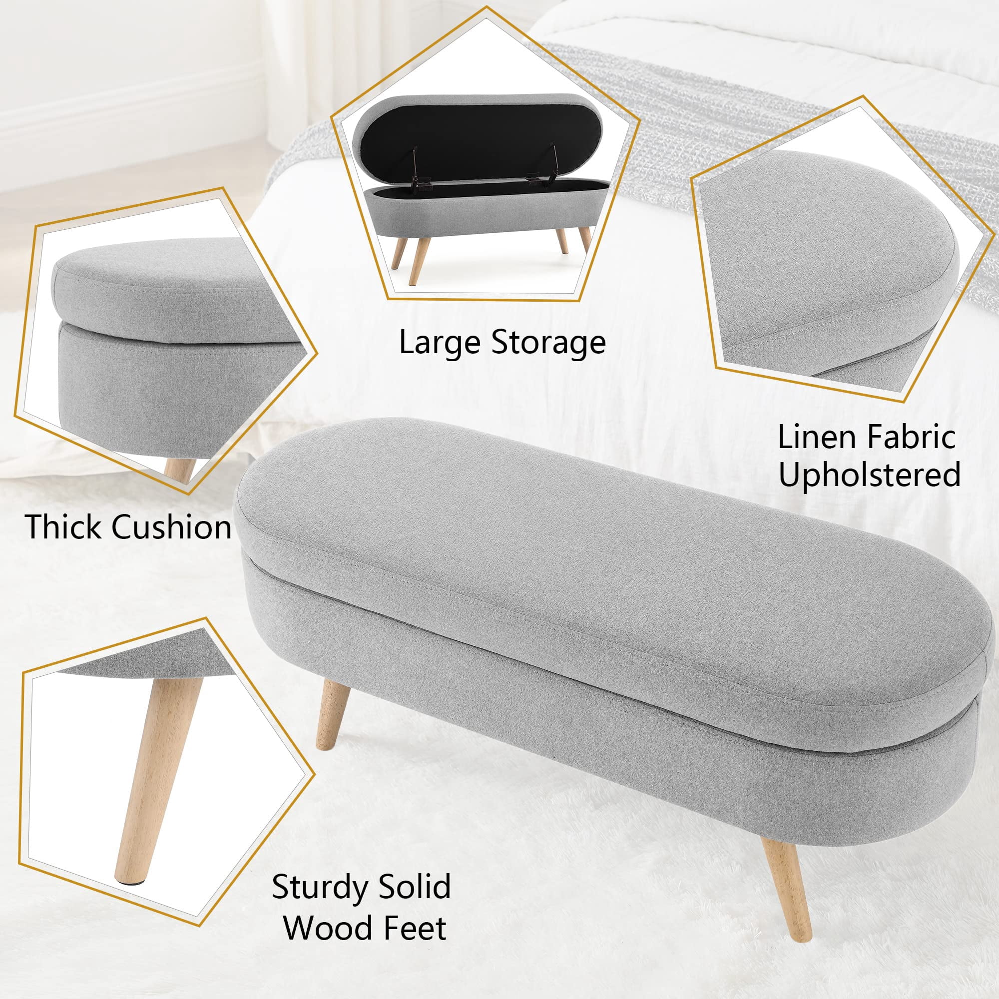 Aukfa Linen Upholstered Bench with Storage for Bedroom Living Room - Gray