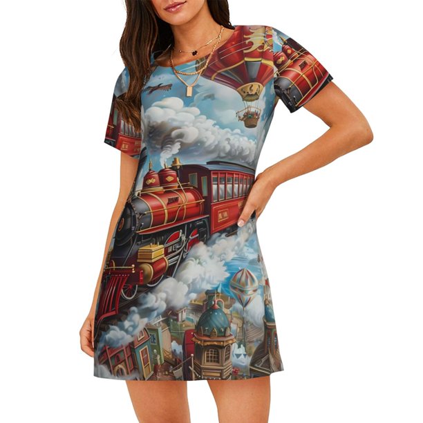Easygdp Red Train Hot Air Balloon Camisón de manga corta para mujer, informal, estampado