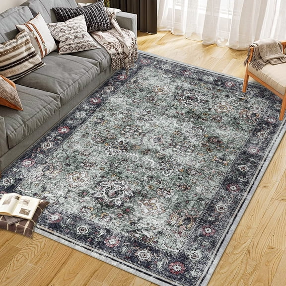 Washable Vintage Traditional Distressed Indoor Foldable Thin Retro Accent Non-Slip Area Rug Carpet Mat for Living Room Bedroom and Office