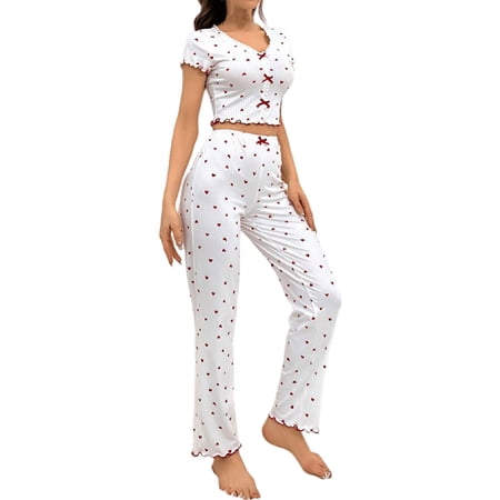 Tweang Short Sleeve Long Pant PJs 2 Piece Outfits Pajama Set for Women Wide Leg Pants Lounge Set Pullover Tops Matching Sets Clothing Loose Fit Home Suits Pajamas Silky PJ Set Casual Pajamas Red M