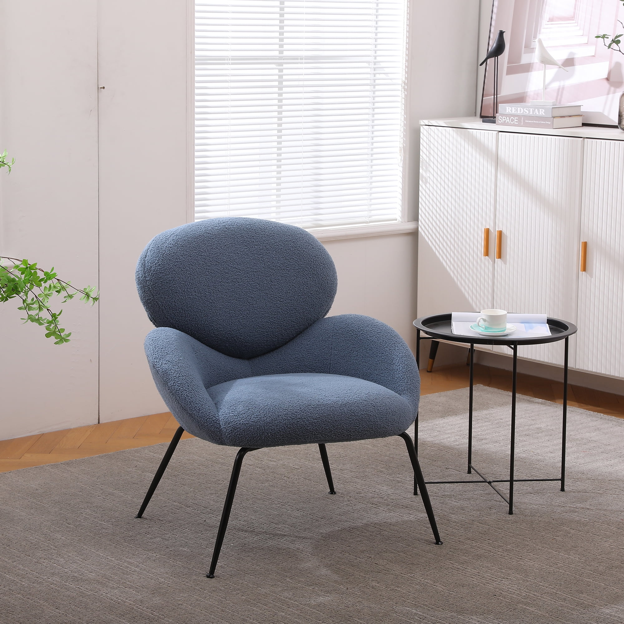 Kadyn Modern Sherpa Armchair with Black Metal Legs, Comfy and Soft Chairs for Bedroom, Blue