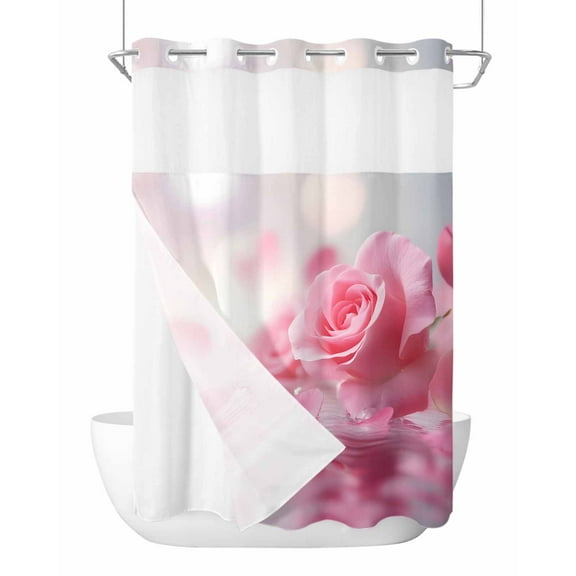 No Hook Cloth Fabric Shower Curtain with Snap in Liner, Pink Rose Fantasy Waterproof Shower Curtains Set with See Through Top Window, Elegance Floral Romantic Reflection Bath Curtains Shower 60"x72"