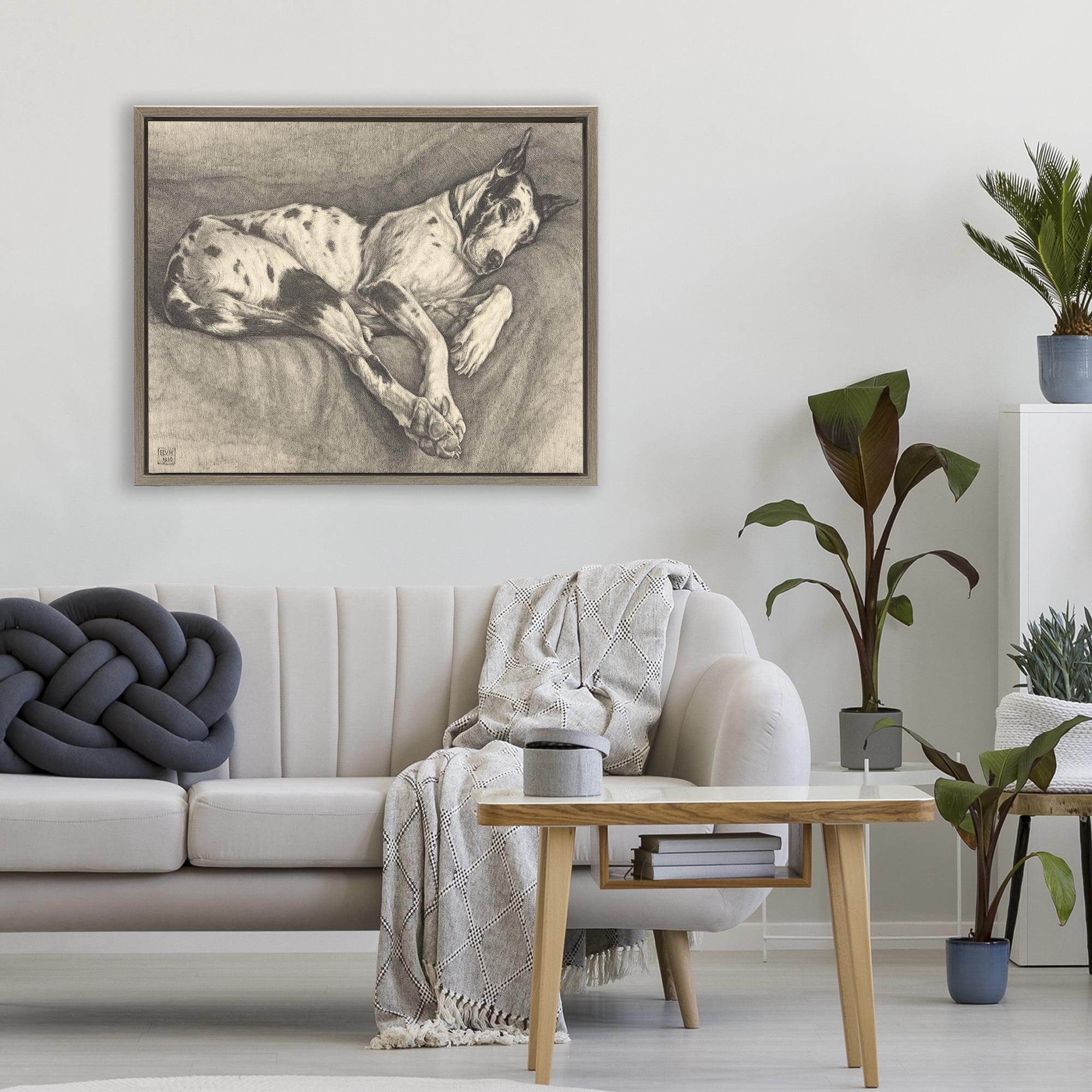 Stupell Industries Sleeping Hound Drawing Brown Framed Floater Canvas Wall Art, design by Bertha Van Hasselt