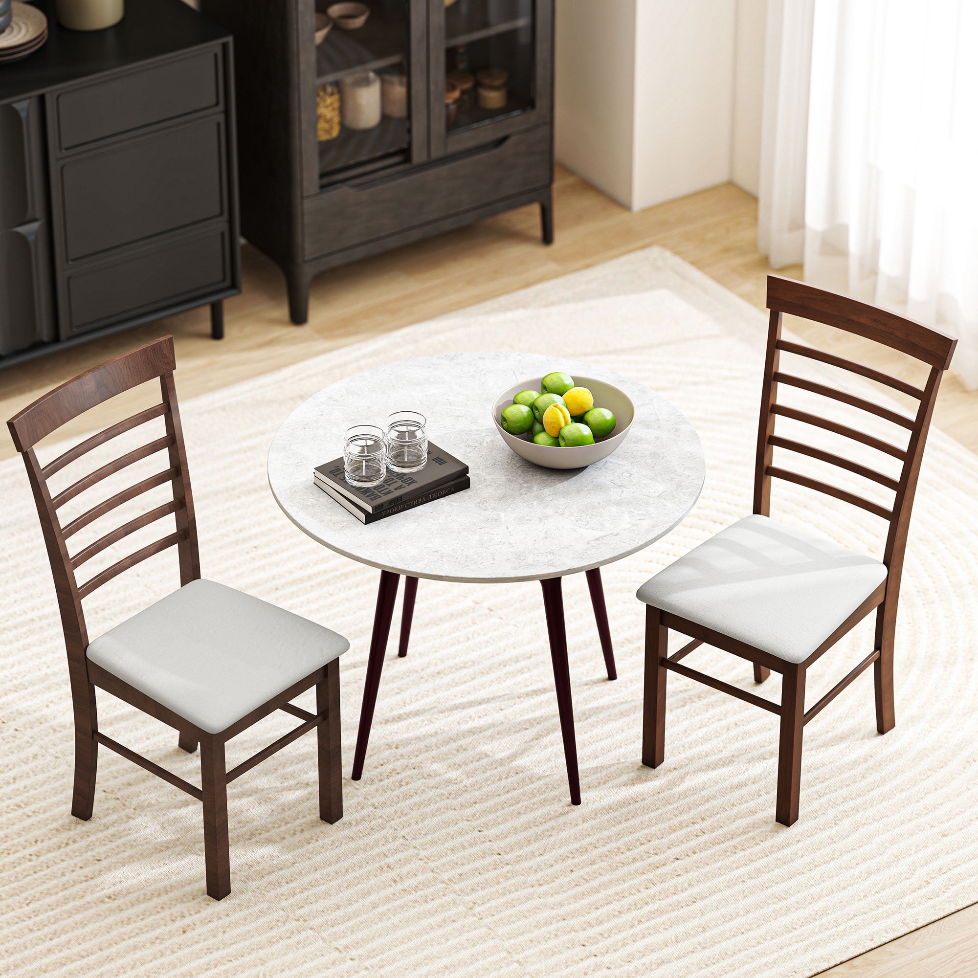 HOMCOM Wooden Dining Chairs Set of 2, Farmhouse Upholstered Kitchen Chairs with Rubber Wood Frame for Living Room, Dining Room, Dark Brown and Beige