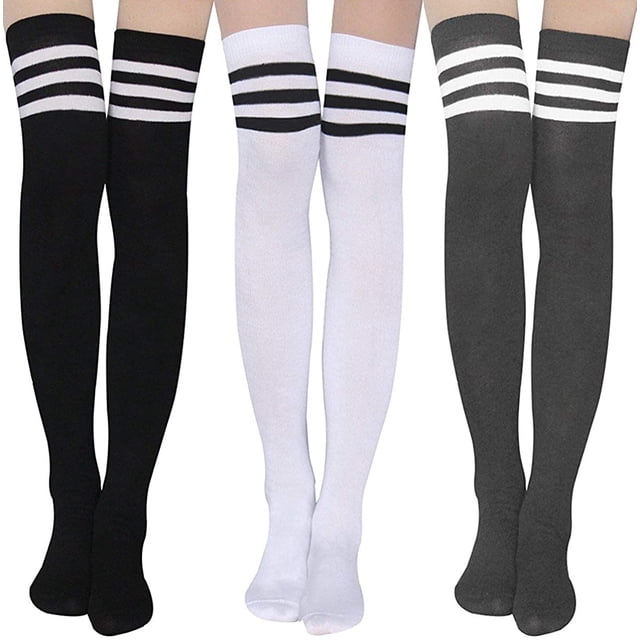 Calcetines hasta la rodilla para mujer - Calcetines hasta el muslo Calcetines de algodón a rayas sobre la rodilla Calcetines largos hasta la rodilla para mujer Adepaton CJWUS-5092