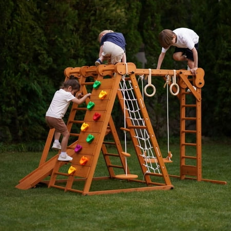 Avenlur Chestnut 7-in-1 Indoor and Outdoor Foldable Jungle Gym Playset for Kids Aged 2-6yrs with Slide, Rock Climb Wall, Climbing Ladder, Rope Net, Monkey Bars, Swing, and Ninja Ring - USA Company