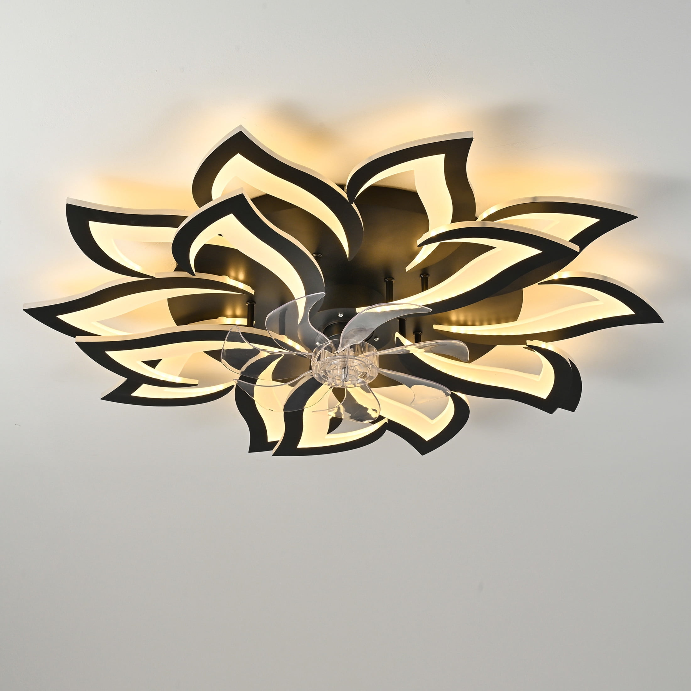 GDF Studio 15-Head Flower Modern Ceiling Fan with LED Lights & Remote Control, Low Profile Flush Mount Fandelier, Black