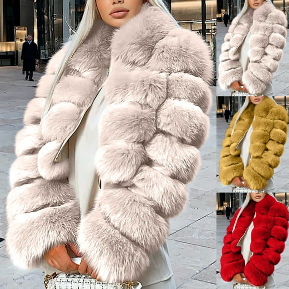 Winter Warm Coats for Women, Ladies Solid Color Coats Faux Coat Furry Faux Jacket Long Sleeve Outerwear Beige L