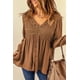 thumbnail image 3 of ABPHQTO Top tipo babydoll con cuello de pico y botones de croché de encaje marrón para mujer, 3 of 5