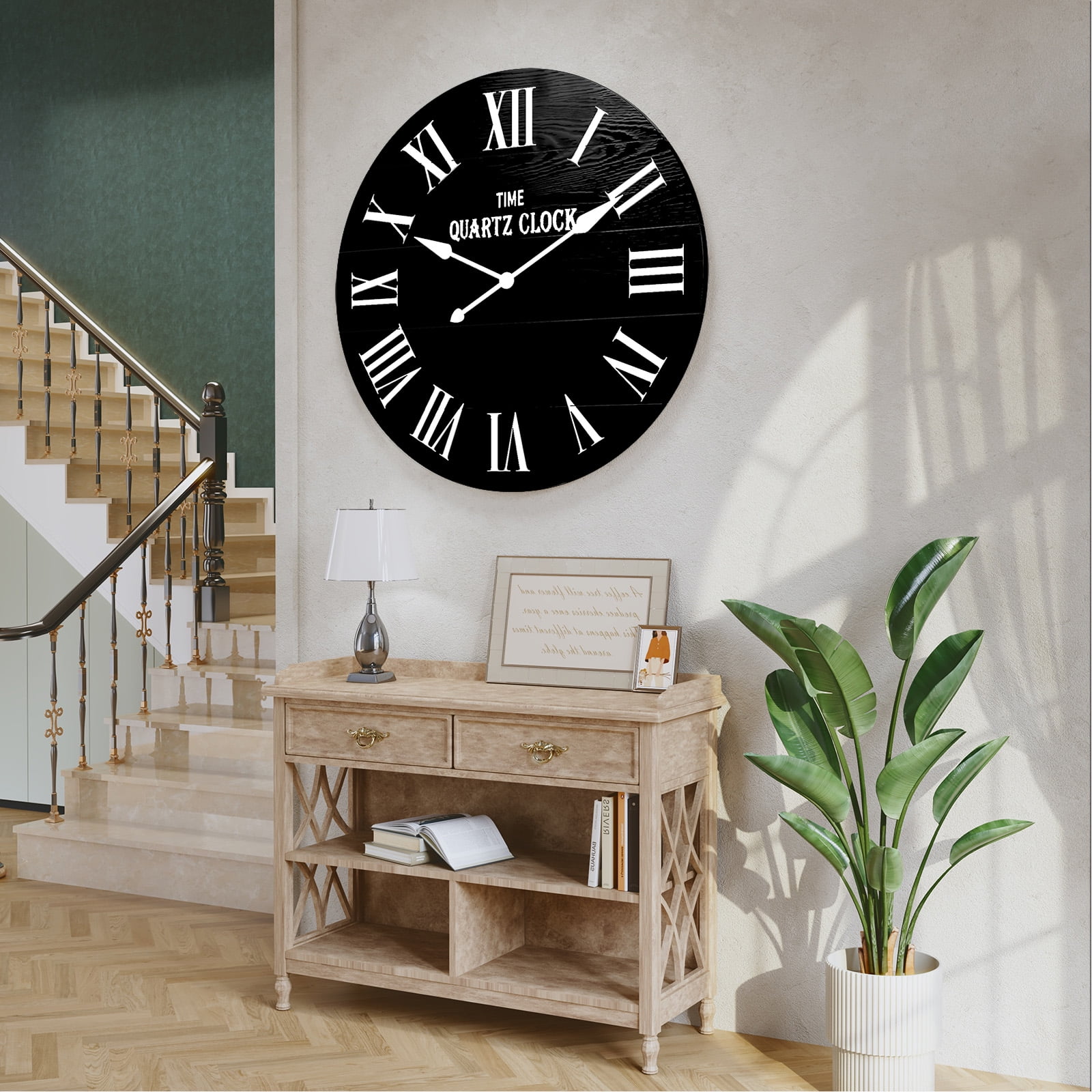HLR 35.5” Farmhouse Large Shiplap Round Wall Clock with Roman Numeral for Living Room Decor, Black