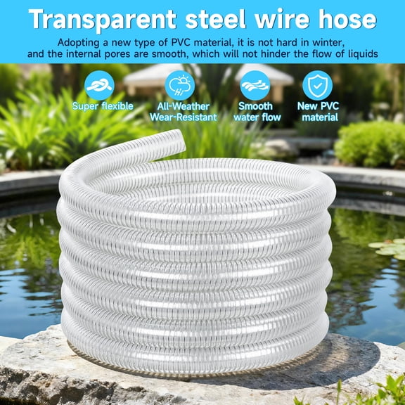 Eosunjian 25FT Wire Hose Garden Hose Flexible Leader Hose, Heavy Duty Water Hose with 4 Clamps,PVC Pipe,Clear